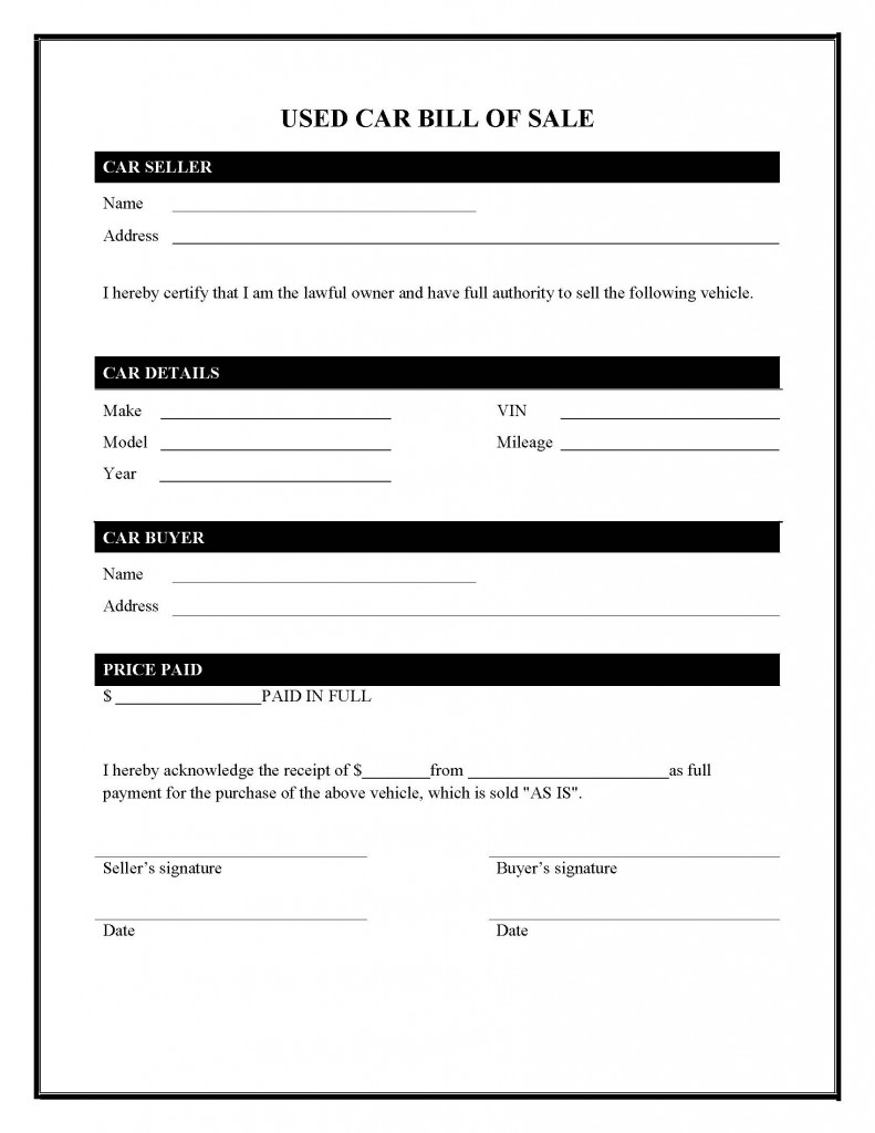 Sample Used Car Bill Of Sale Template Bill Of Sale Form Template
