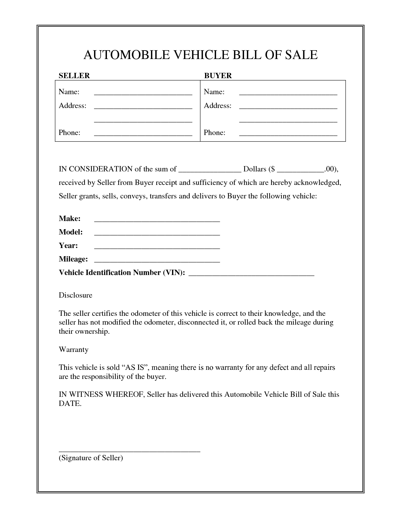Sample Blank Printable Bill Of Sale For Car In PDF Word Bill Of 
