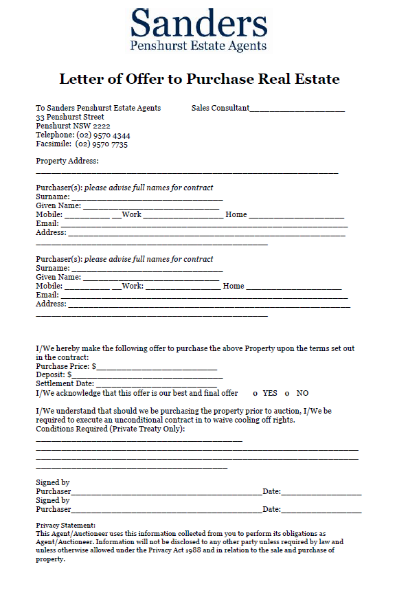 5  Real Estate Property Offer Letter Template Bill of Sale Form