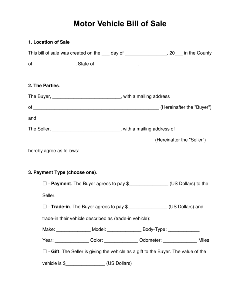 free template bill of sale for car