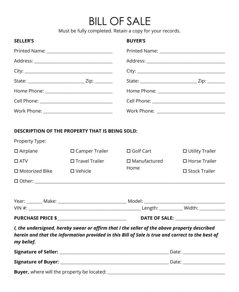 Horse Trailer Bill Of Sale 1 Bill Of Sale Form Template Vehicle