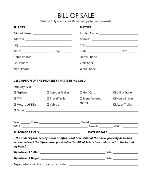 Free 9 Sample Trailer Bill Of Sale Forms In Pdf Ms Word Free Trailer 