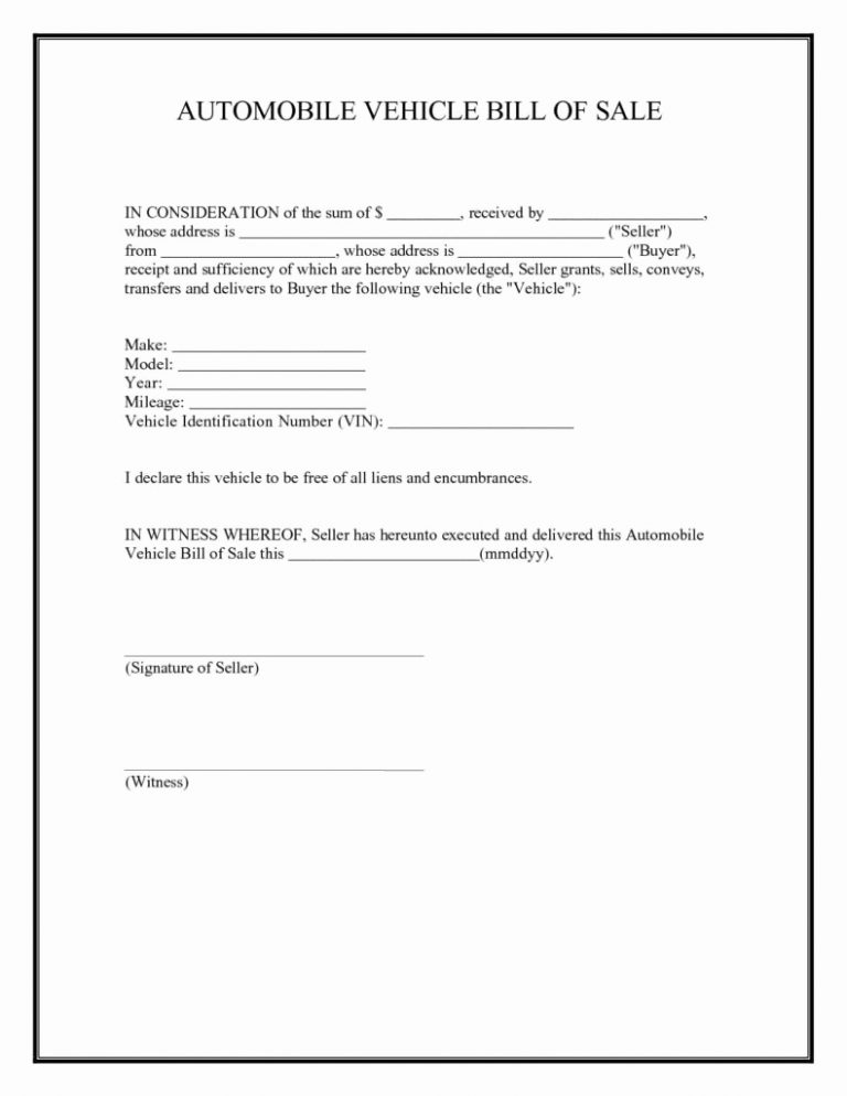 Sample Used Car Bill of Sale Template
