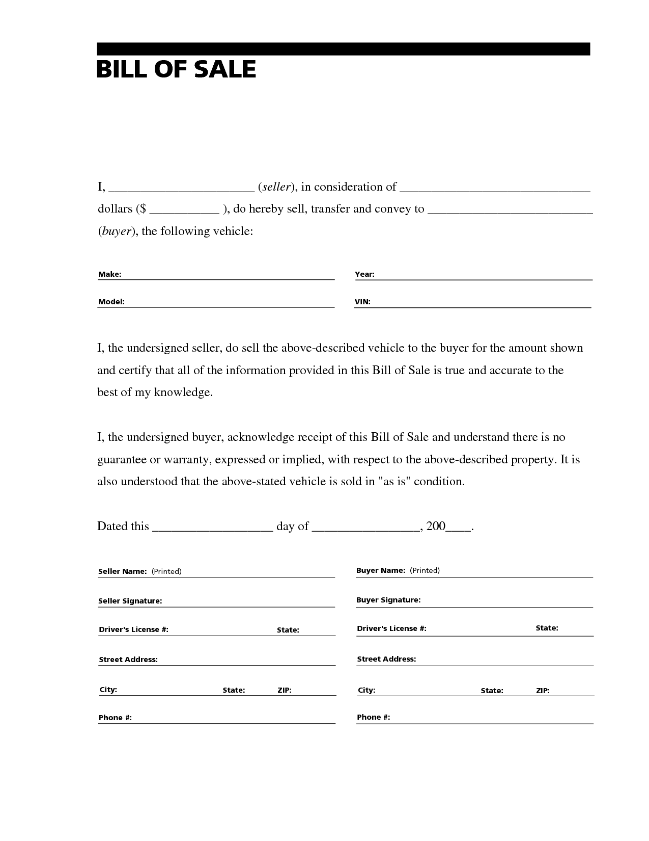 Sample Blank Printable Bill Of Sale For Car In PDF Word