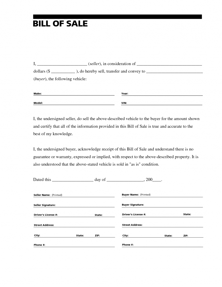 Sample Bill Of Sale For Vehicle Bill Of Sale Form Template Vehicle