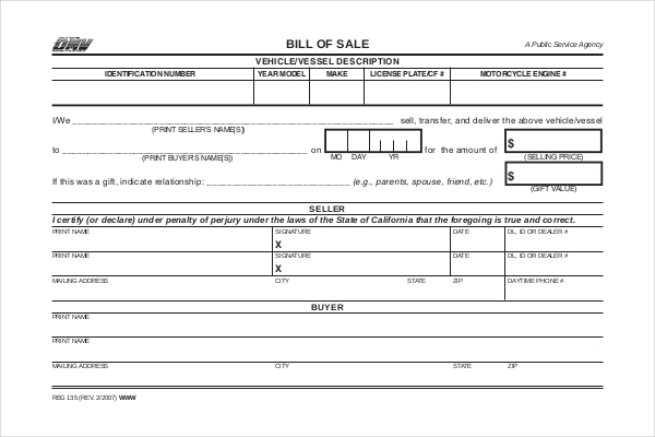 Bill of sale DMV template