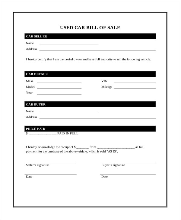 Used Car Bill of Template