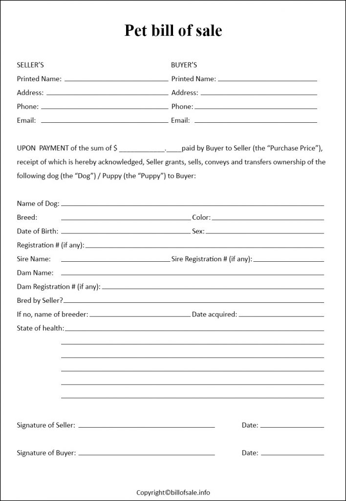 Printable Pet Bill of Sale Template in Free Pdf