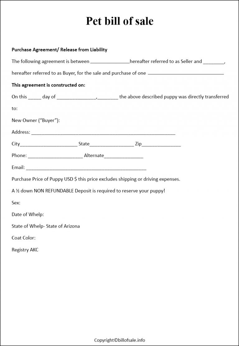 Printable Pet Bill of Sale Template in Free Pdf
