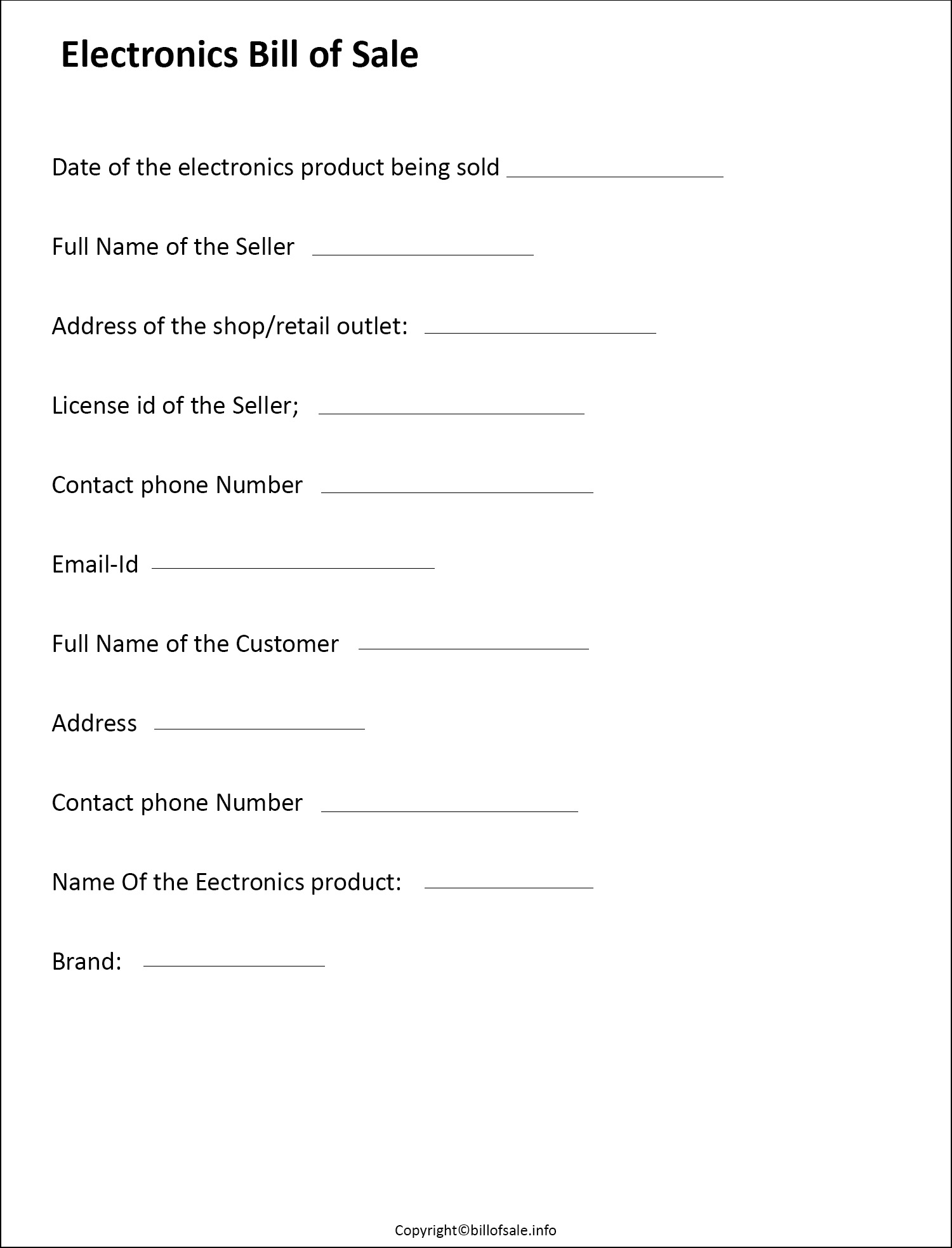 Printable Bill of sale for electronics
