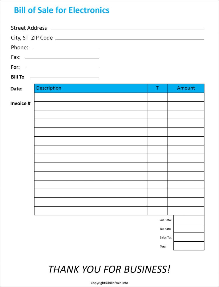 Printable Free Bill of Sale for Electronics Template