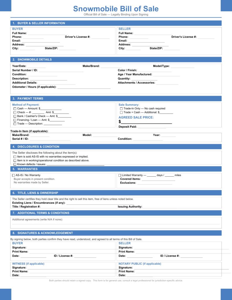 Snowmobile Bill of Sale