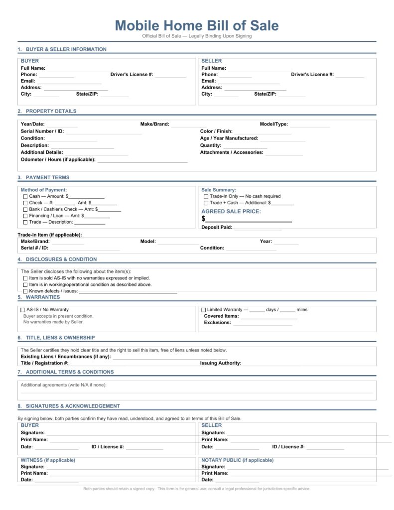Mobile Home Bill of Sale
