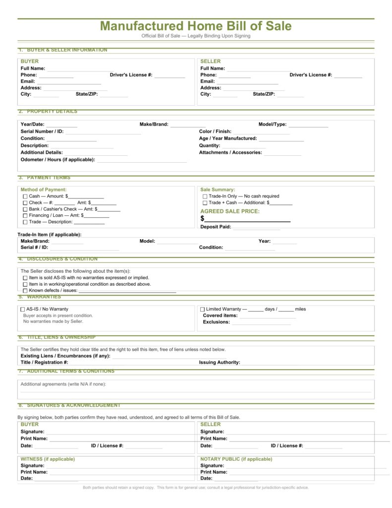 Manufactured Home Bill of Sale