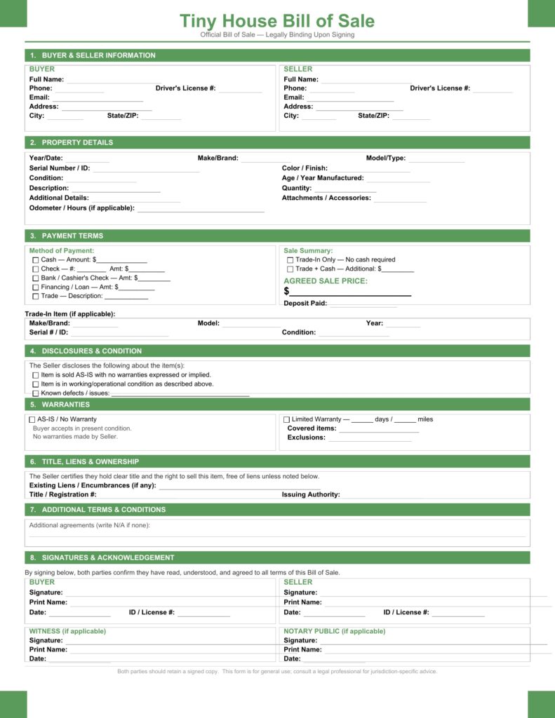 Tiny House Bill of Sale