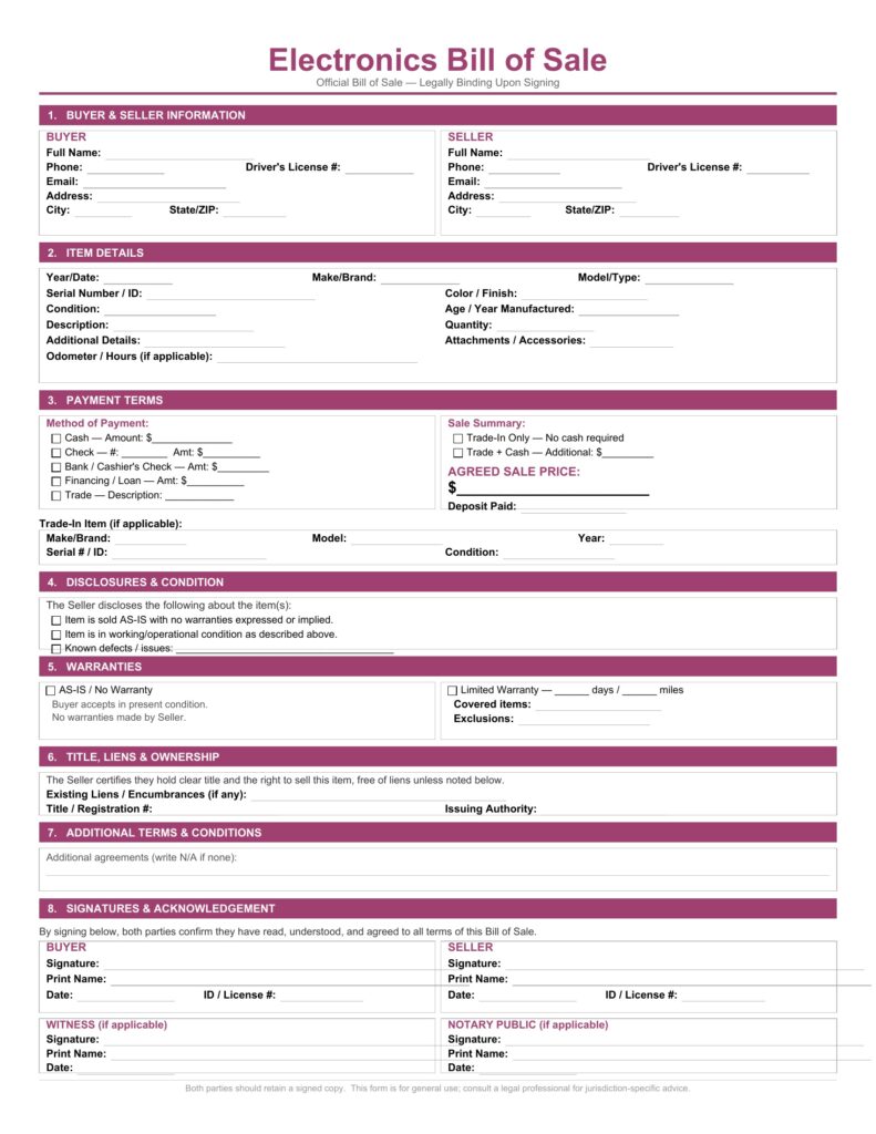 Electronics Bill of Sale