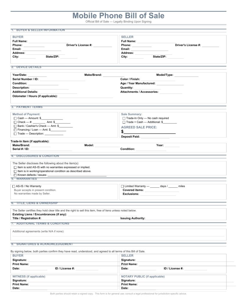 Mobile Phone Bill of Sale