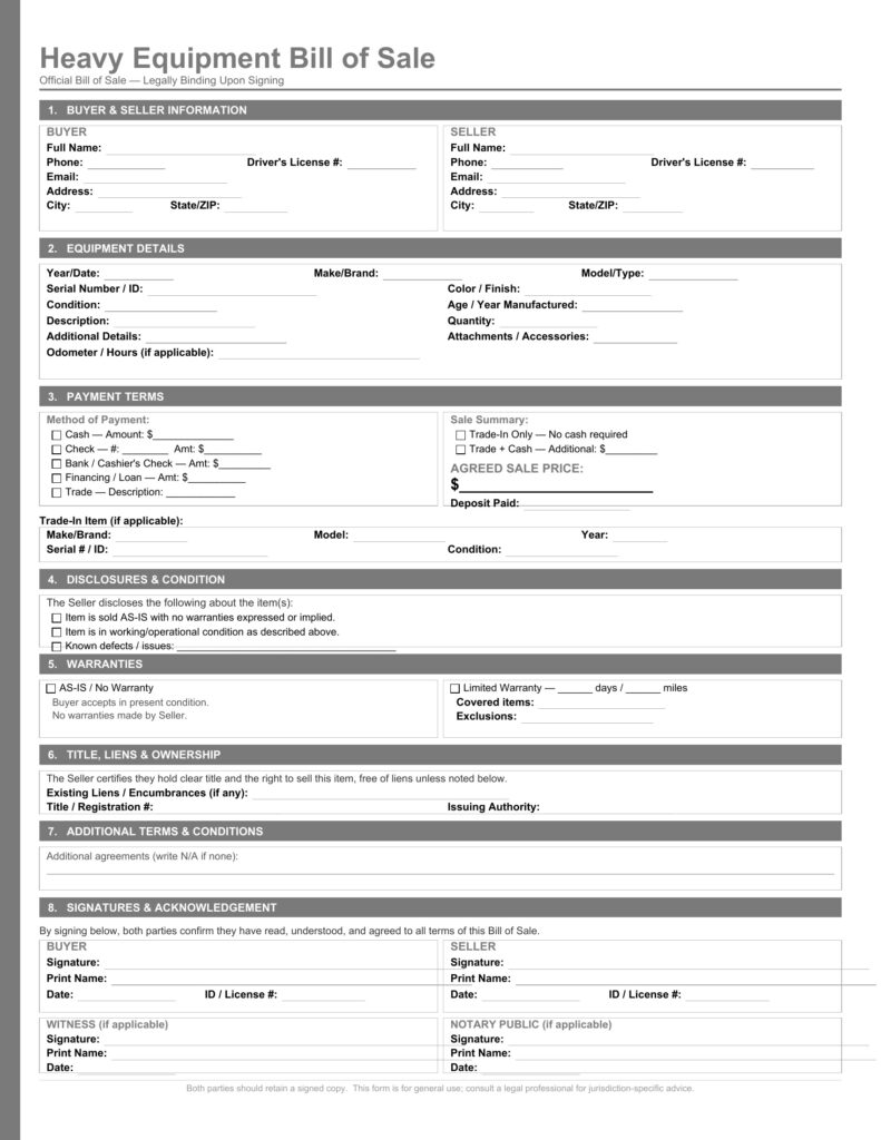 Heavy Equipment Bill of Sale