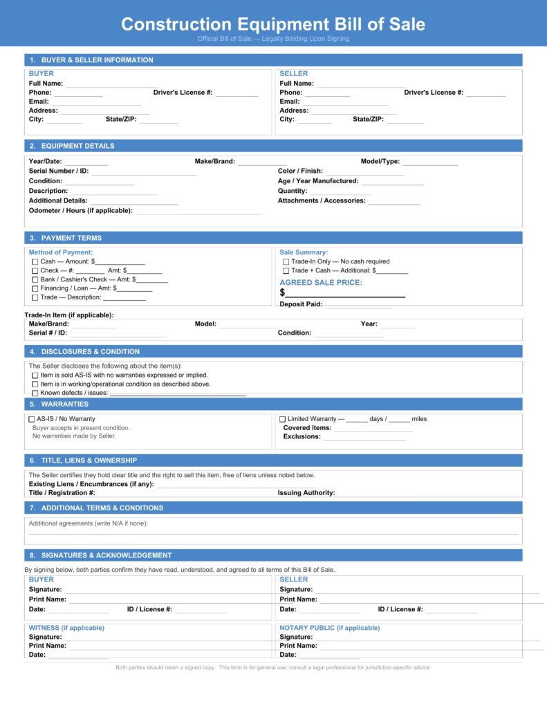 Construction Equipment Bill of Sale