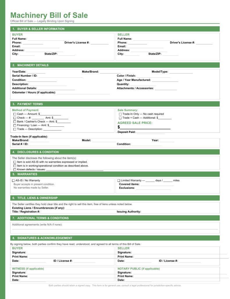 Machinery Bill of Sale