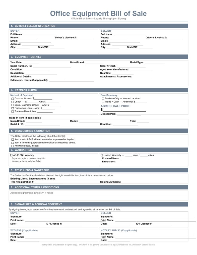Office Equipment Bill of Sale