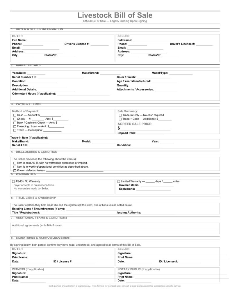 Livestock Bill of Sale