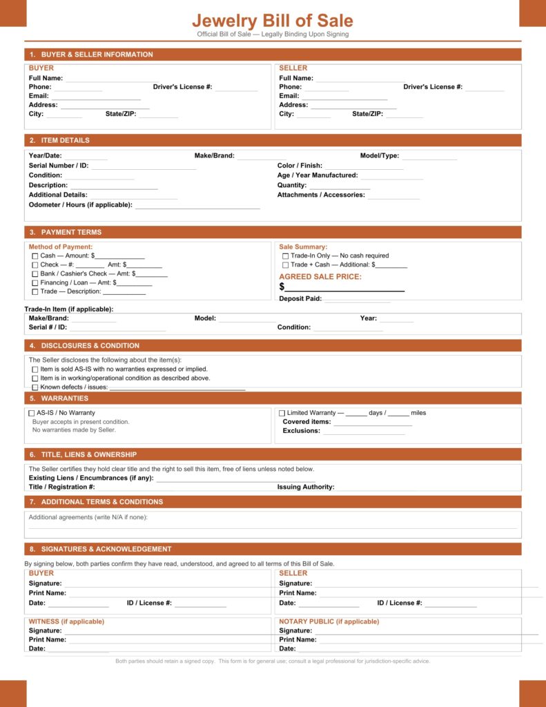 Jewelry Bill of Sale