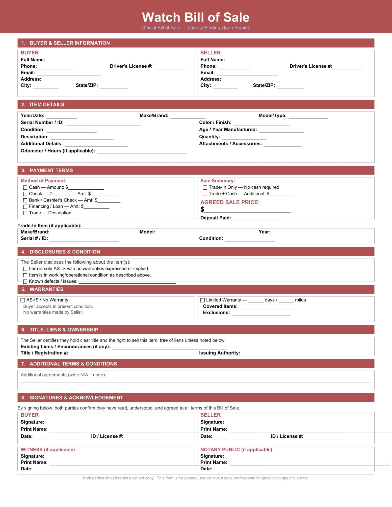 Watch Bill of Sale Form - Timepiece Sale Contract