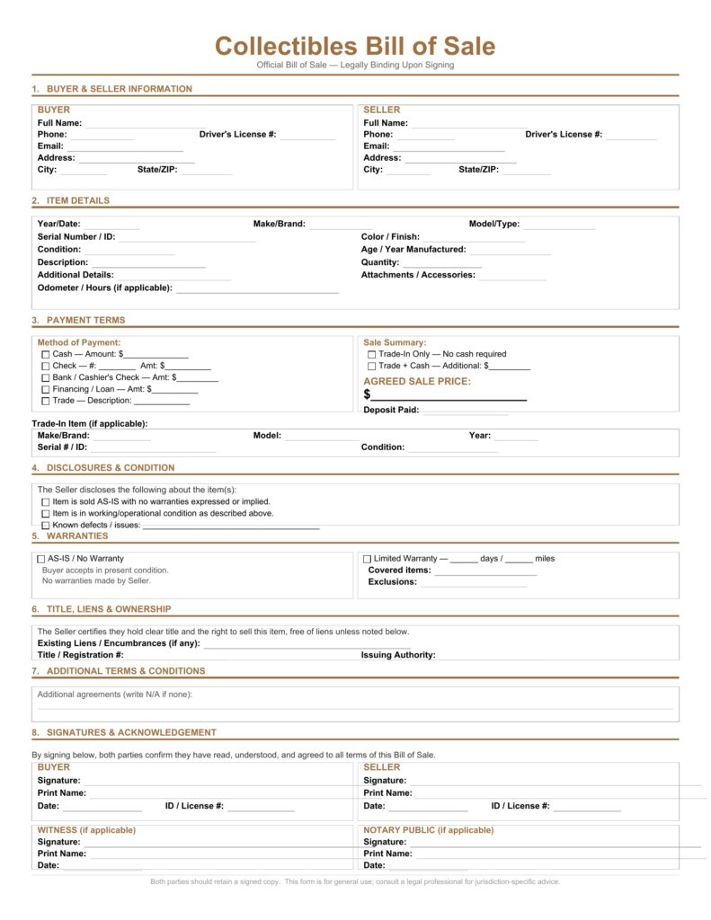 Collectibles Bill of Sale