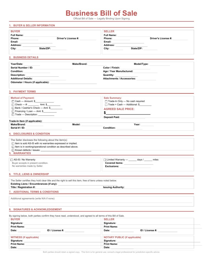 Business Bill of Sale