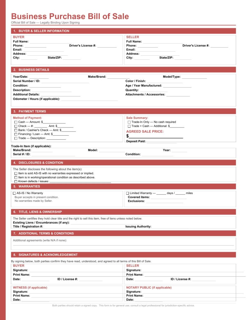 Business Purchase Bill of Sale