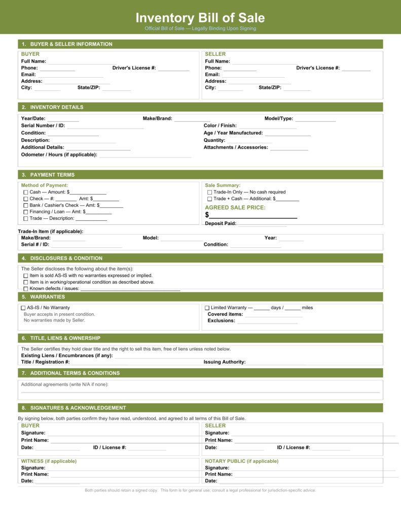 Inventory Bill of Sale