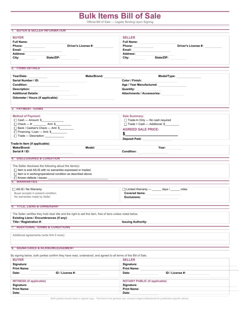 Bulk Items Bill of Sale