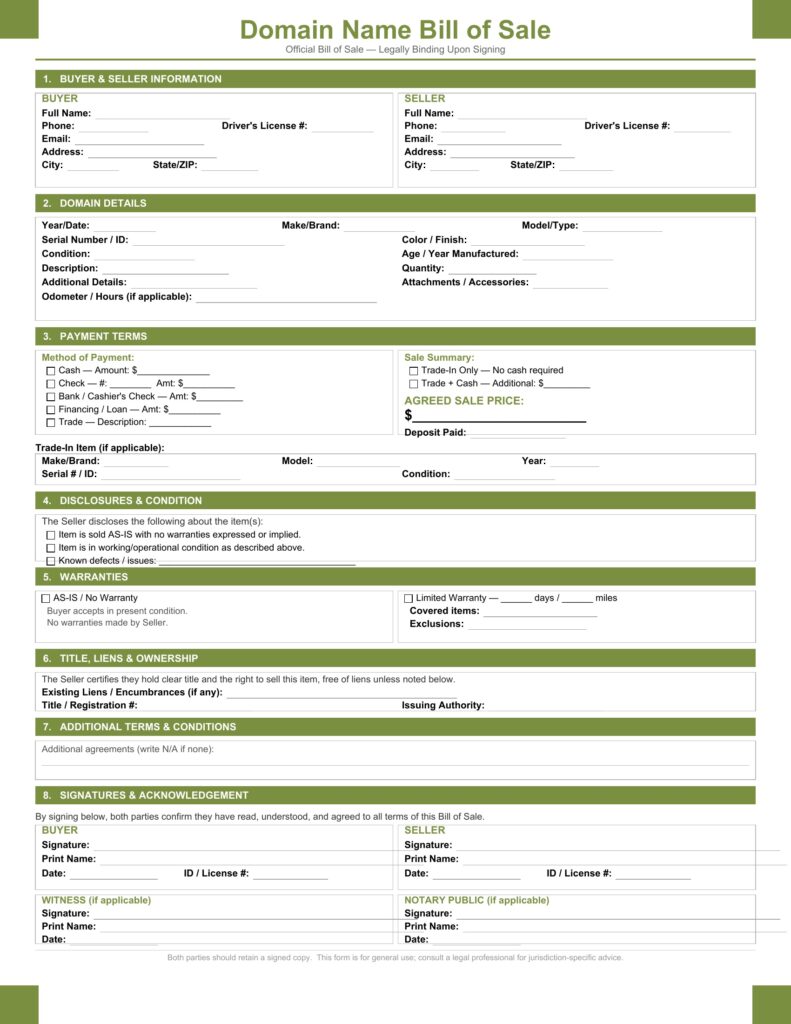 Domain Name Bill of Sale
