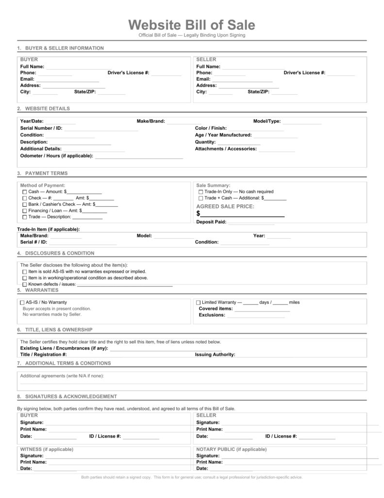 Website Bill of Sale