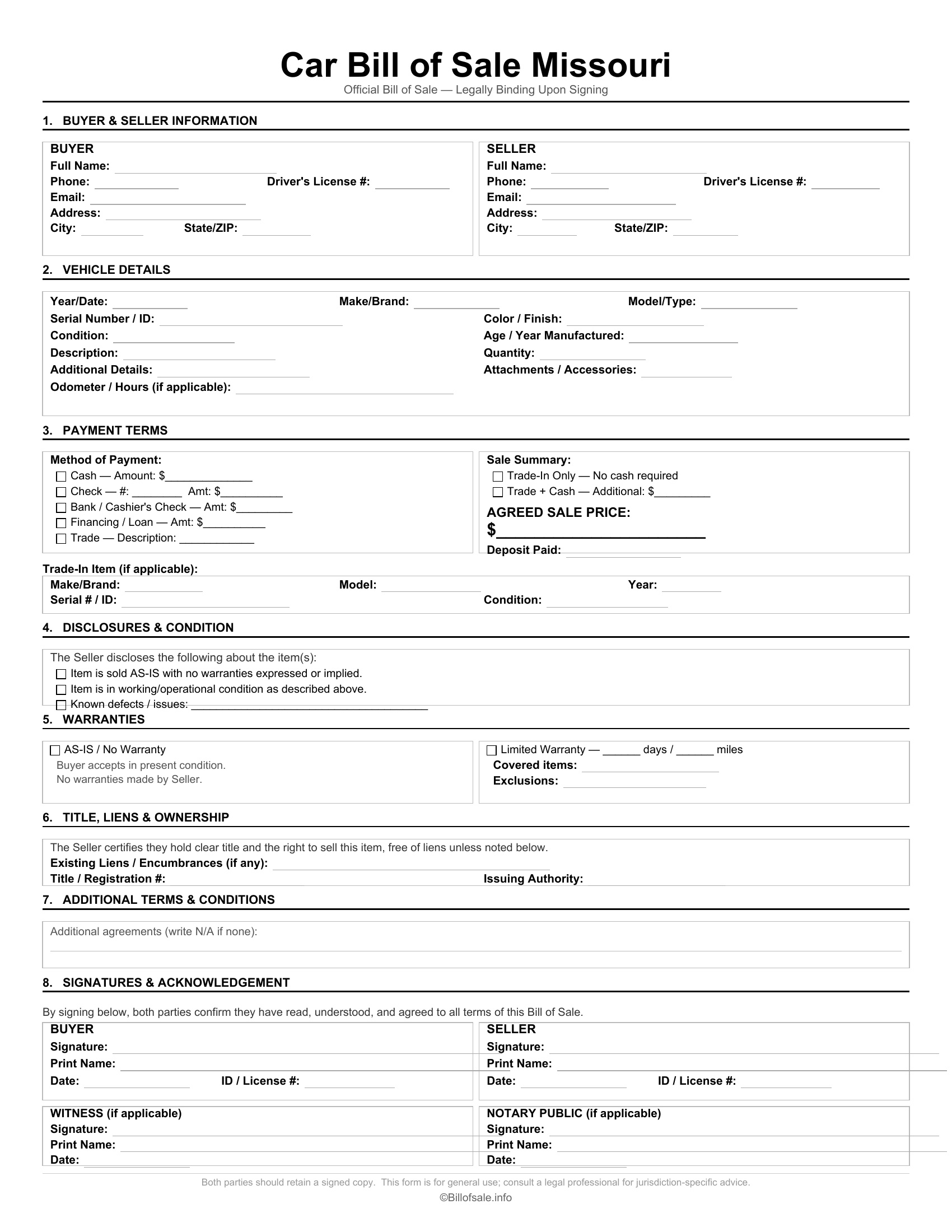Missouri Car Bill of Sale