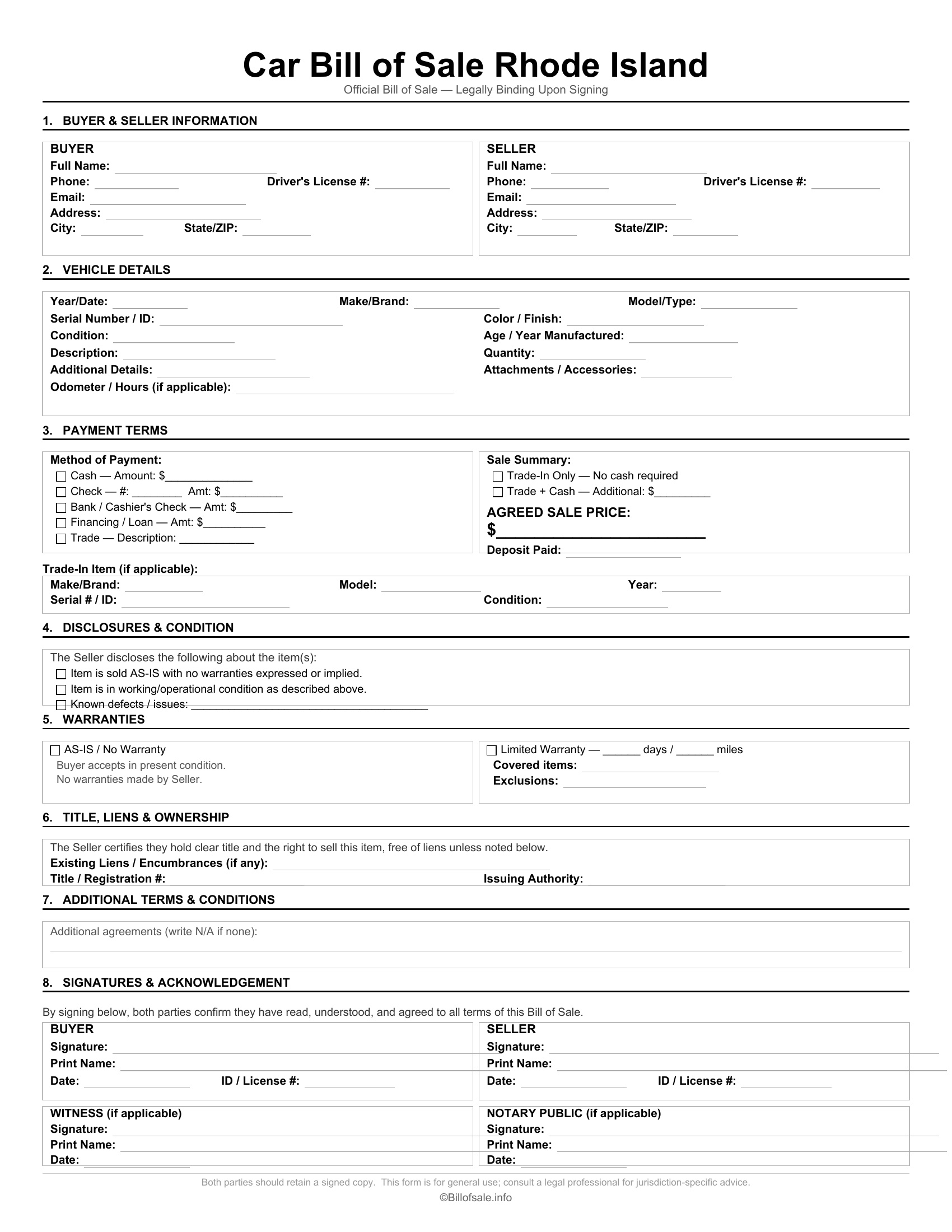 Rhode Island Car Bill of Sale