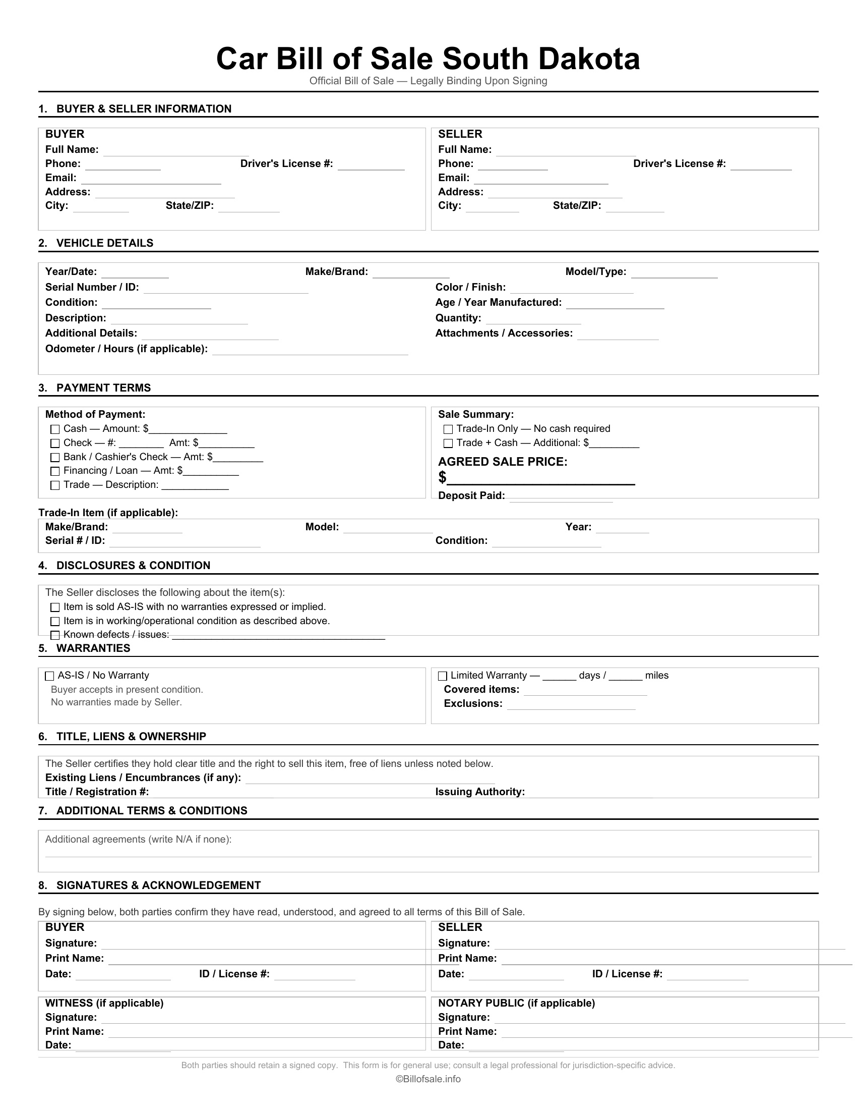 South Dakota Car Bill of Sale
