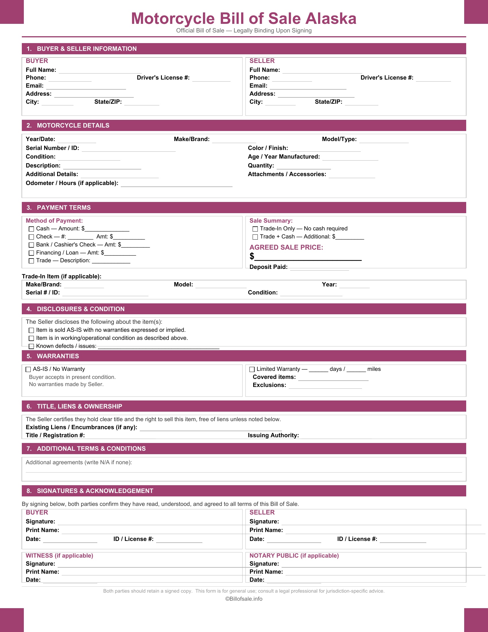 Alaska Motorcycle Bill of Sale