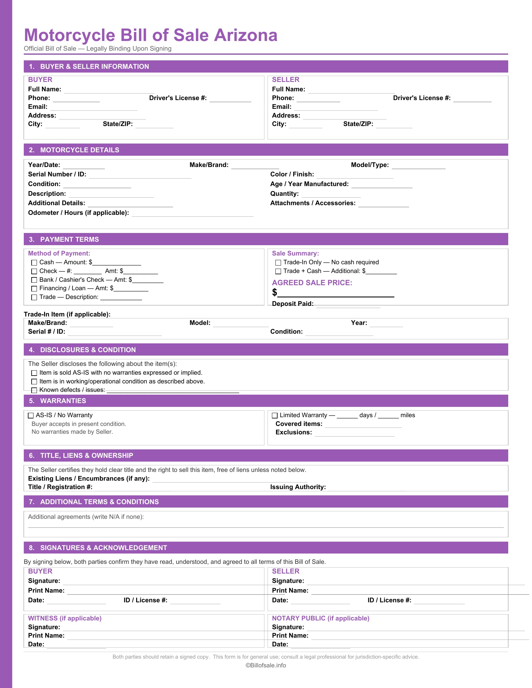 Arizona Motorcycle Bill of Sale