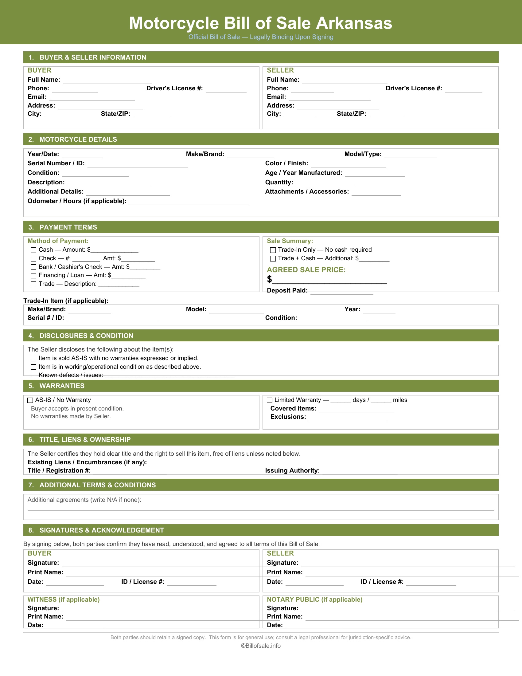Arkansas Motorcycle Bill of Sale