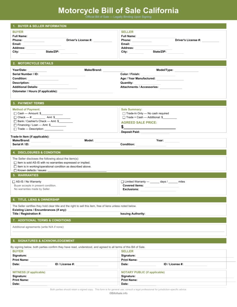 California Motorcycle Bill of Sale Form Template [PDF, WORD]