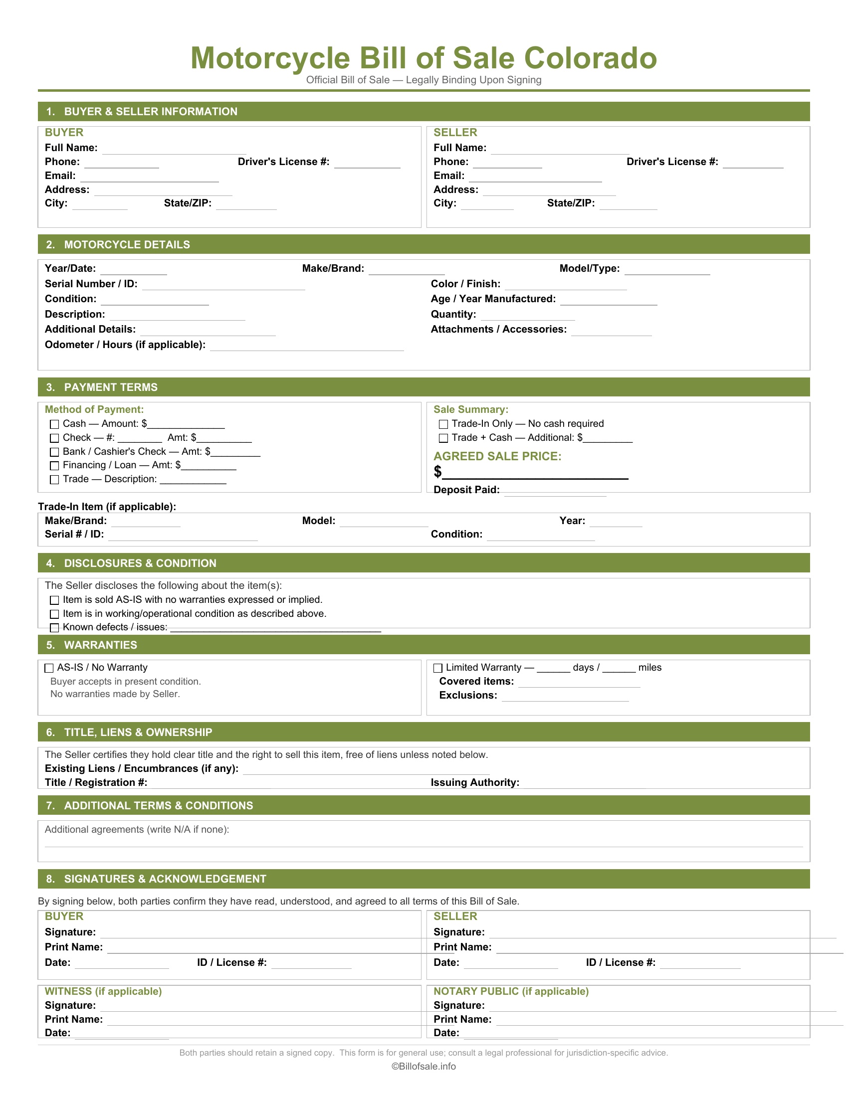 Colorado Motorcycle Bill of Sale