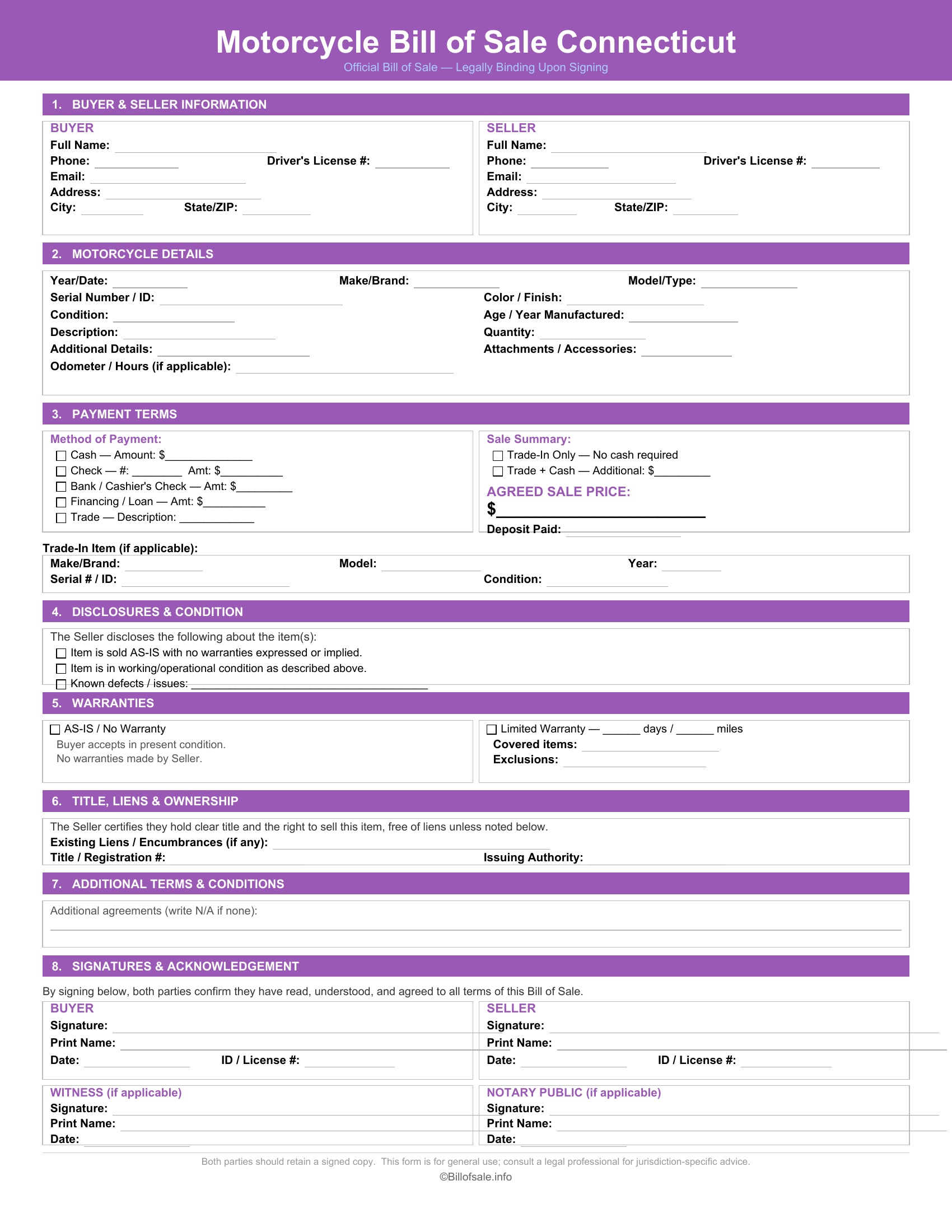 Connecticut Motorcycle Bill of Sale