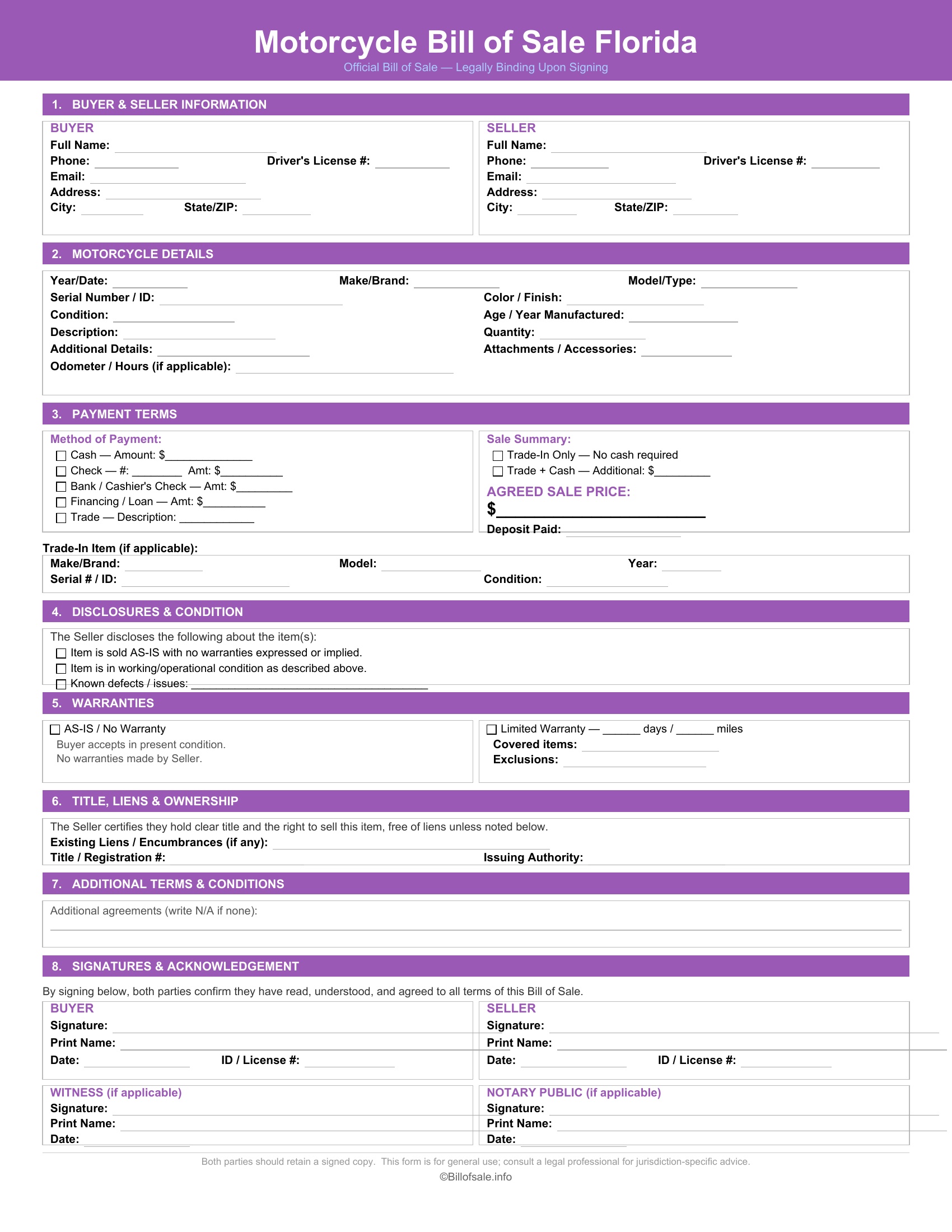 Florida Motorcycle Bill of Sale
