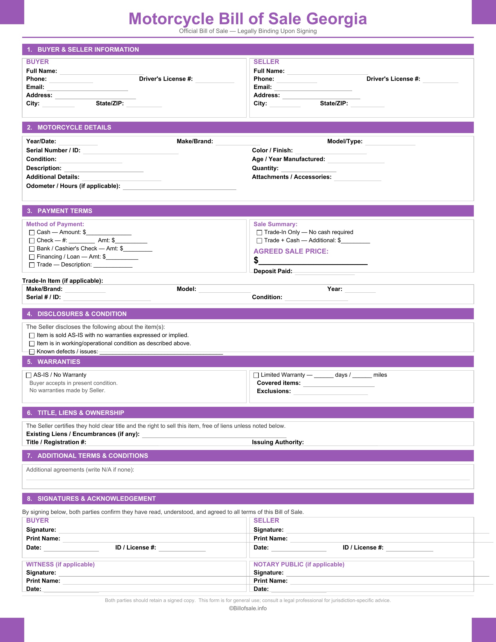Georgia Motorcycle Bill of Sale