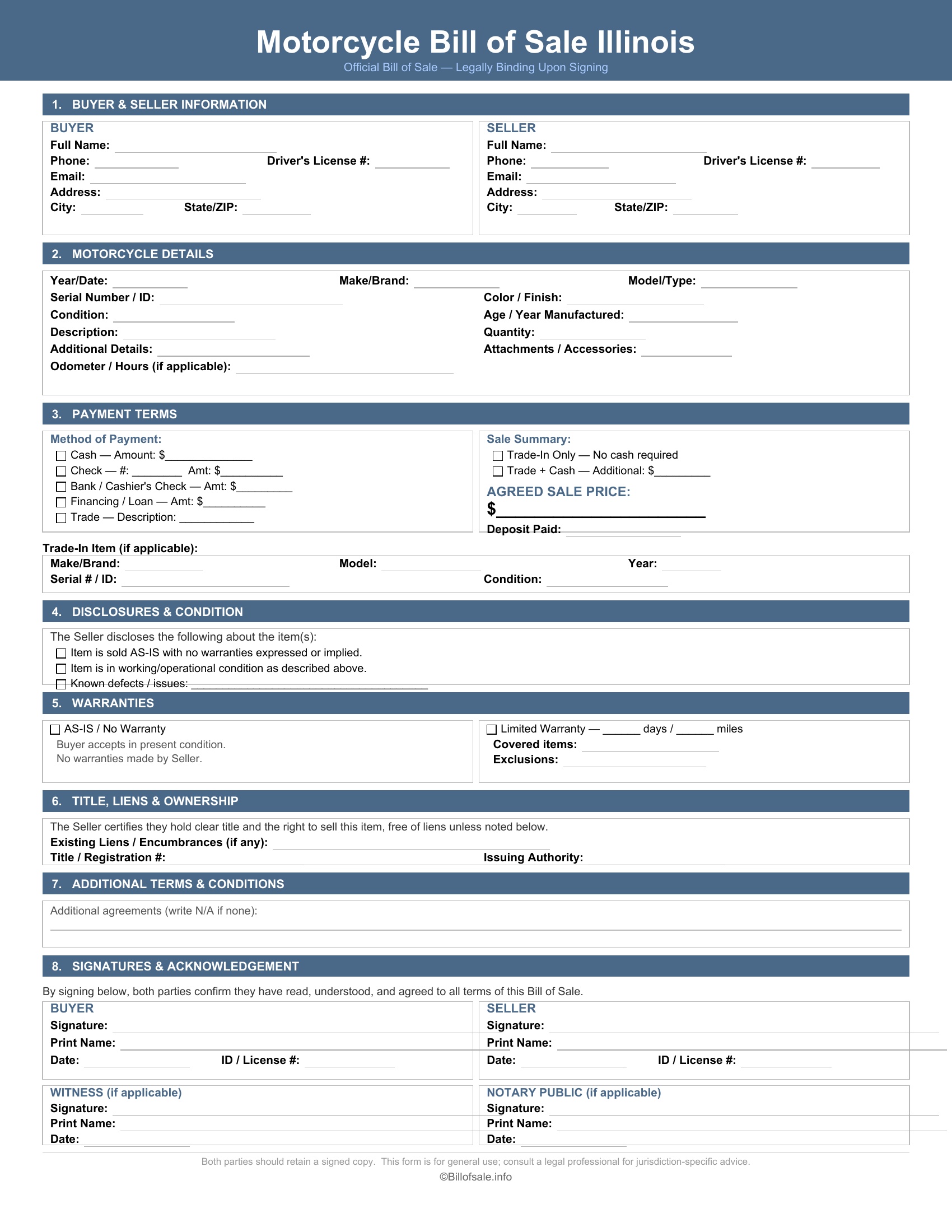 Illinois Motorcycle Bill of Sale
