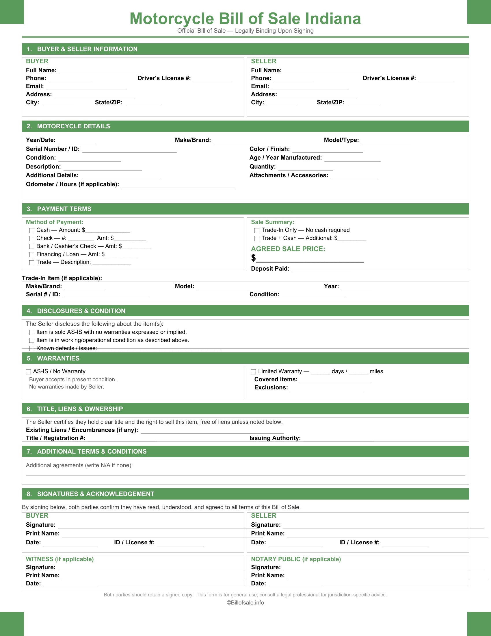 Indiana Motorcycle Bill of Sale