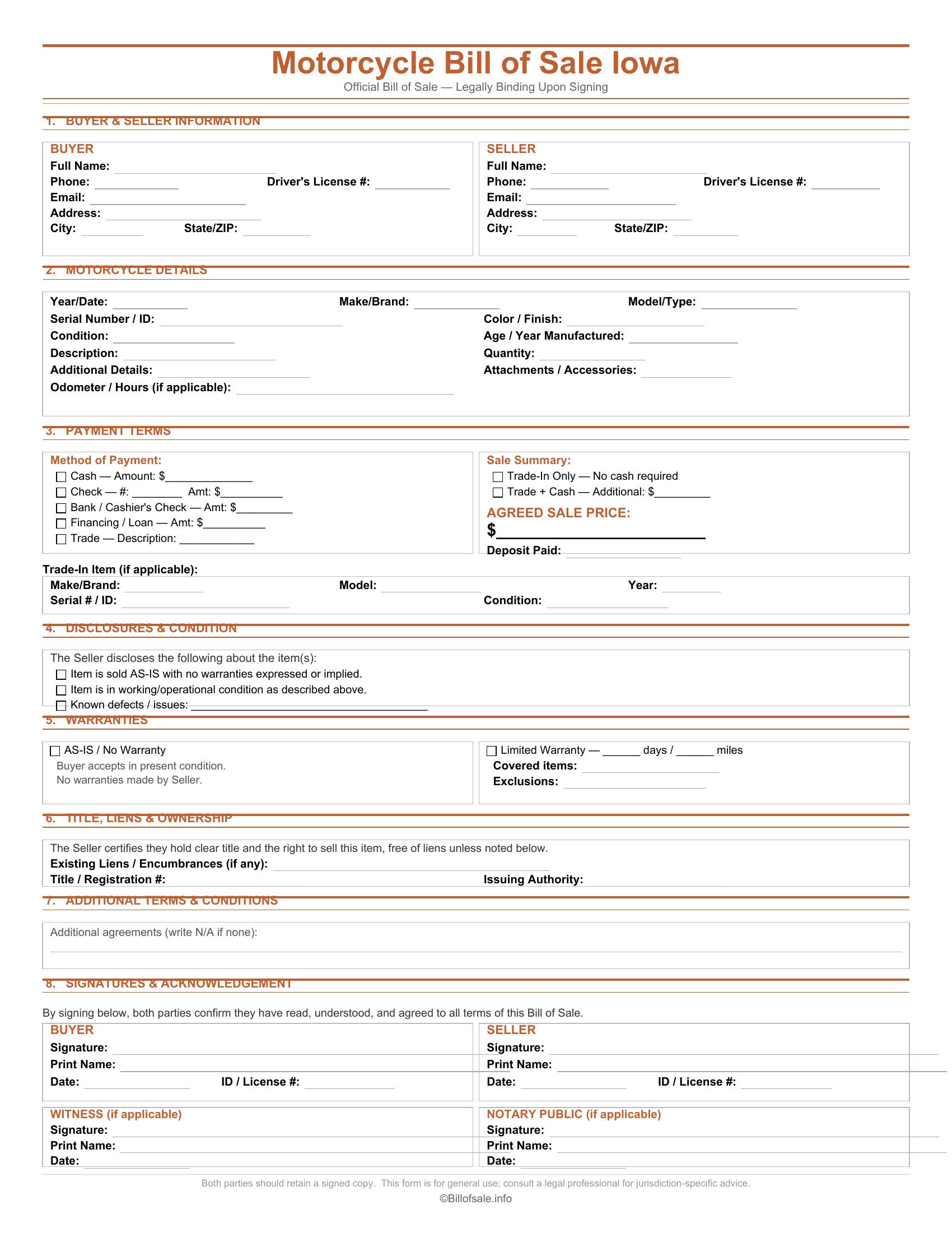 Iowa Motorcycle Bill of Sale