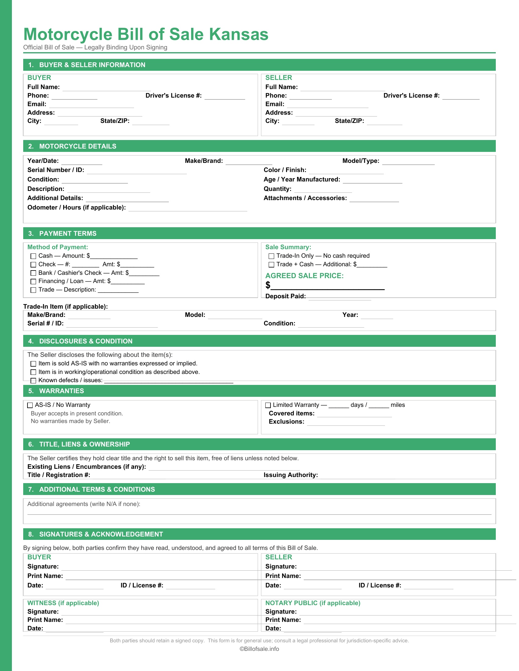 Kansas Motorcycle Bill of Sale